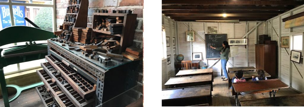 Old Printing Press and Old School House at the Vintage Village at Fairfield Museum. The schoolhouse is brought to life in a school education program.